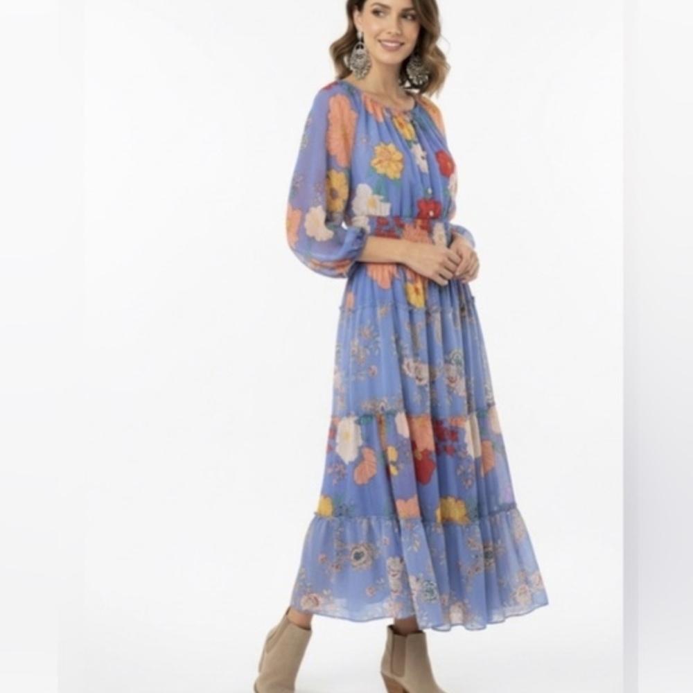 Blue Floral Tiered Maxi Dress - Women's Casual Boho